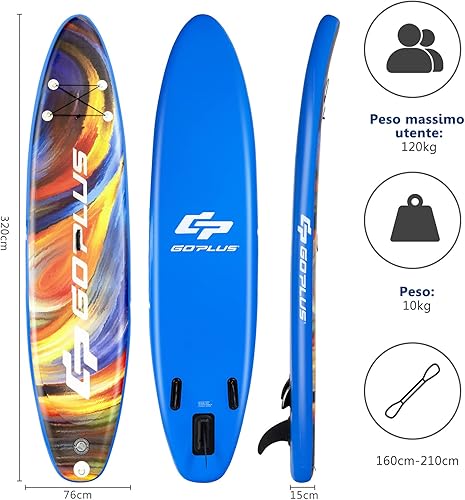 COSTWAY SUP Gonfiabile 335/320 cm, Stand Up Paddle Gonfiabile con Pinne, Leash, Pagaia, Pompa, Kit di Riparazione e Borsa, Carico Massimo 120 kg - Ysert
