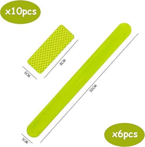6 nastri fluorescenti (30 cm), 10 adesivi riflettenti, protezione solare, fasce riflettenti per il polso, per jogging, ciclismo, escursionismo e campeggio (giallo verde) - Ysert