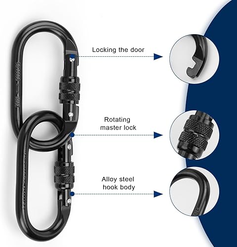 2 Pezzis Moschettone Arrampicata, Moschettone Nero Acciaio Legato da 25 KN, Superficie Cromata, Moschettone di Sicurezza Facile da Trasportare, Adatto per Escursionismo, Arrampicata - Ysert