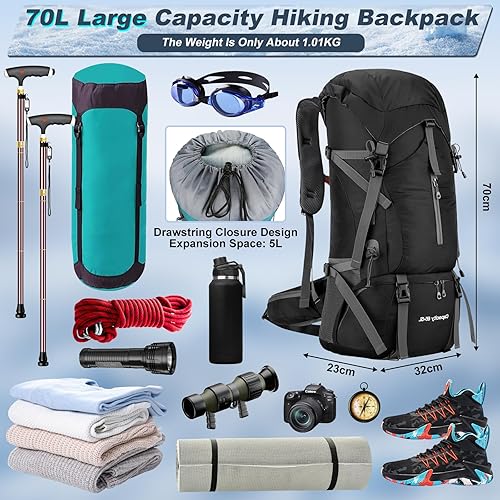 Zaino da 70L Impermeabile per Escursionismo e Campeggio con Copertura per la Pioggia, Ultraleggero ad Alta Capacità per Sport all'Aperto, Viaggio, Arrampicata e Touring (Nero) - Ysert