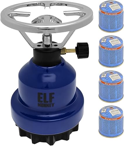 Fornello da Campeggio E190 | Set Fornello a Gas in Metallo & Cartuccia | Piano Cottura a 1 Luce | Outdoor, Tempo Libero | Campeggio, Emergenza: Modello Nero + 4 Cartucce - Ysert