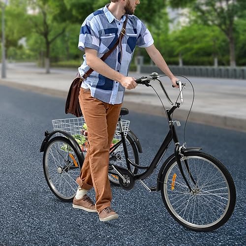 24 pollici triciclo per adulti, 6 marce 3 ruote Cruiser bicicletta con schienale e cestello, 3 ruote bicicletta regolabile per adulti per attività all'aperto - Ysert