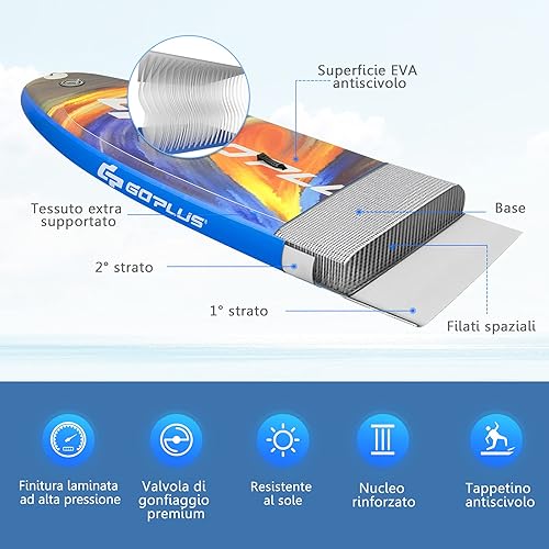 COSTWAY SUP Gonfiabile 335/320 cm, Stand Up Paddle Gonfiabile con Pinne, Leash, Pagaia, Pompa, Kit di Riparazione e Borsa, Carico Massimo 120 kg - Ysert