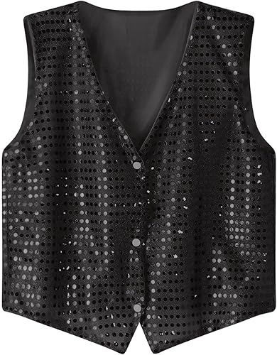 Gilet da uomo con paillette, senza maniche, con brillantini, per discoteca, con scollo a V, per matrimoni, feste, balli, carnevale, clubwear - Ysert