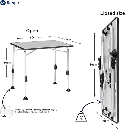 Berger Tavolo da campeggio pieghevole in alluminio e legno MDF | Tavolo da giardino, da esterno o interno, regolabile in altezza | Ivalo I 80x60 cm - Ysert
