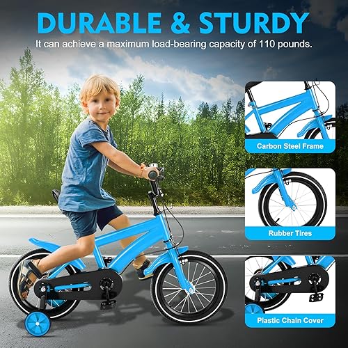 Bicicletta per bambini da 14 pollici, per ragazzi e ragazze, con ruote di supporto e pneumatici in gomma, altezza regolabile, per bambini dai 3 ai 6 anni, blu, nero - Ysert