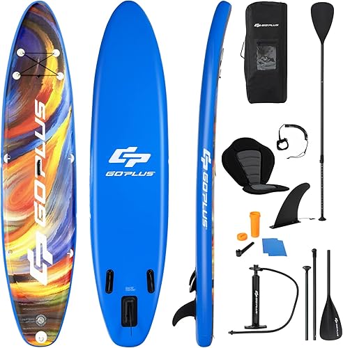 COSTWAY SUP Gonfiabile 320 cm Adulti, Stand Up Paddle Gonfiabile con Pagaia Regolabile, 9 Anelli a Forma di D, Zaino, Pompa, Cordino, Sedile e Triple Pinne, Carico 150 kg, 320 x 76 x 15 cm - Ysert