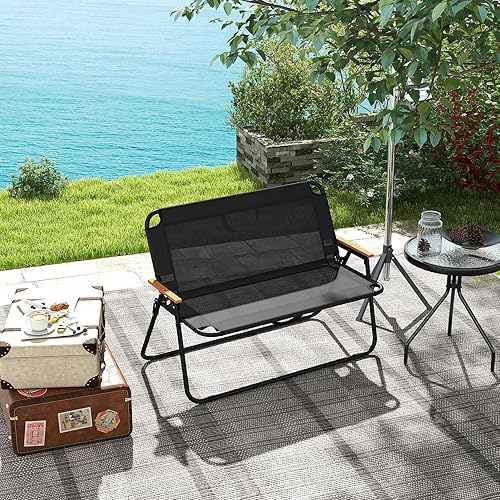 Outsunny Sedia da Campeggio Doppia 2 Posti, Divanetto Pieghevole in Acciaio e Tessuto Oxford Traspirante, 108x65x73 cm, Nero - Ysert