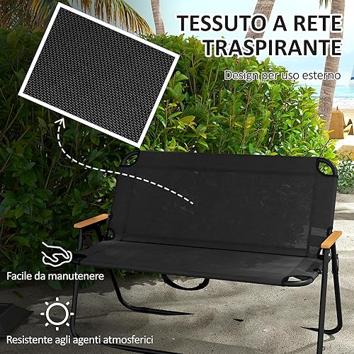 Outsunny Sedia da Campeggio Doppia 2 Posti, Divanetto Pieghevole in Acciaio e Tessuto Oxford Traspirante, 108x65x73 cm, Nero - Ysert