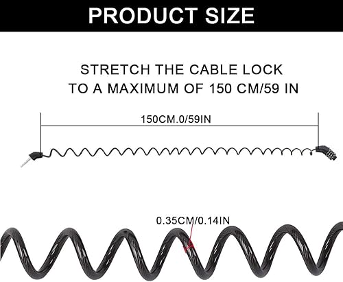 Lucchetto per bicicletta, 150 cm, 3,5 mm, 2 pezzi, in lega di zinco e PVC, con codice numerico a 4 cifre per casco da moto, casco da bicicletta, lucchetto da snowboard (nero) - Ysert