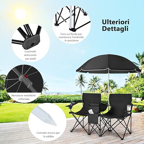 COSTWAY Set di 2 Sedie da Campeggio Pieghevoli, con Ombrellone e Tavolino Contenitore, Resistente e Leggero, Capacità 113 kg (blu) - Ysert