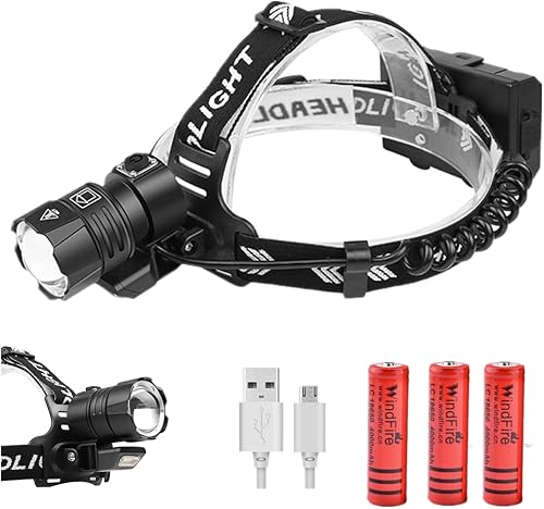 Potente Torcia Frontale, 20000 Lumen Lampade da Testa Super Luminosa XHP90 LED, Messa a Fuoco Regolabile 4 Modalità, USB Ricaricabile Impermeabile Campeggio Faro per Esterno, Escursionismo - Ysert