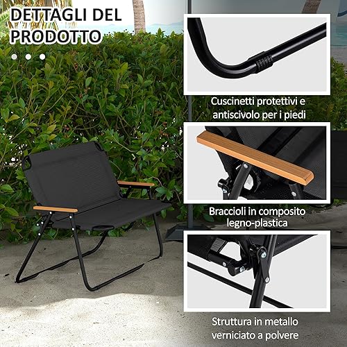 Outsunny Sedia da Campeggio Doppia 2 Posti, Divanetto Pieghevole in Acciaio e Tessuto Oxford Traspirante, 108x65x73 cm, Nero - Ysert