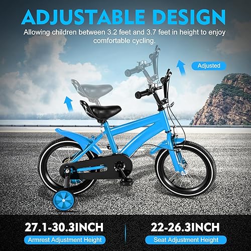 Bicicletta per bambini da 14 pollici, per ragazzi e ragazze, con ruote di supporto e pneumatici in gomma, altezza regolabile, per bambini dai 3 ai 6 anni, blu, nero - Ysert