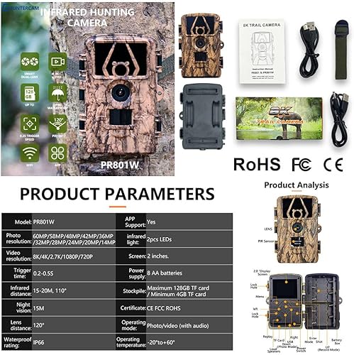 Fototrappola WiFi Bluetooth 8K 60MP, Fotocamera Caccia con Visione Notturna con APP, 120°Ampia Visuale Fototrappola Infrarossi Invisibili con Velocità di Trigger 0,2S, IP66, per la Fauna Selvatica - Ysert