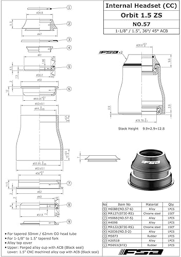FSA No. 57 Orbit 1.5 ZS 1 – 1/20,3 - 3,8 cm cuscinetto sigillato Tapered Headset # XTE1530 - Ysert