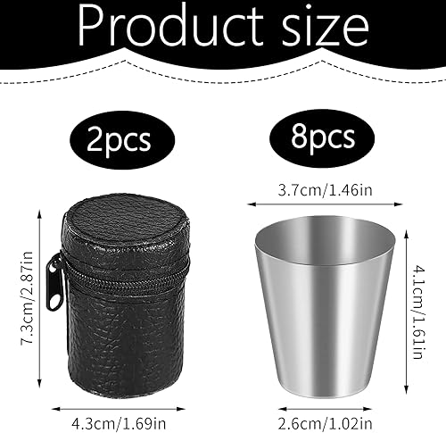 8 bicchieri in acciaio inox, 30 ml, impilabili, piccoli bicchieri in acciaio inox, impilabili con 2 custodie in pelle con chiusura lampo, per campeggio, picnic, escursionismo - Ysert