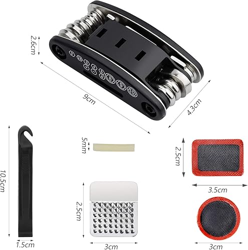 Kit di riparazione per bicicletta, 16 in 1, strumento di riparazione per biciclette, strumento multiuso, kit di riparazione pneumatici per biciclette, con borsa per adesivi per bicicletta e - Ysert