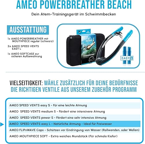 AMEO Adventure - Boccaglio ad Aria Fresca - Dispositivo di Allenamento per Piscina e acque libere per Adulti e Bambini - Set da Snorkeling con Sistema a valvola Intelligente - Ysert