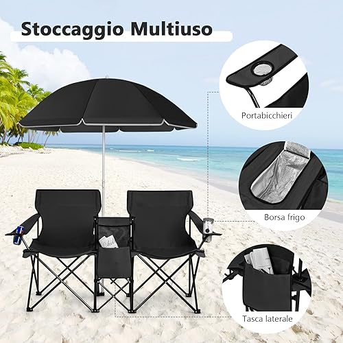 COSTWAY Set di 2 Sedie da Campeggio Pieghevoli, con Ombrellone e Tavolino Contenitore, Resistente e Leggero, Capacità 113 kg (blu) - Ysert