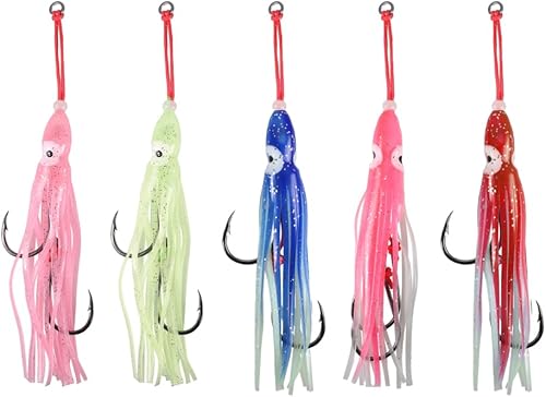 Esche da Pesca, 5 Pezzi Esca Artificiali Traina Luminose con Coda a Gonna a Gancio per Pesca in Acqua Salata Mare - Ysert