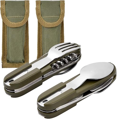 8 in 1 Posate in Acciaio Inox 2Pcs Set di Posate da Campeggio Pieghevoli, Viaggio All'aperto Posate Posate Smontabili Applicare su Escursioni Viaggi Backpacker Picnic Outdoor Campeggio (Verde) - Ysert