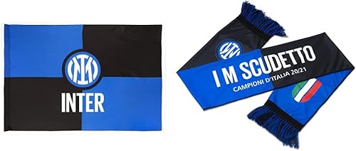 Inter Bandiera Nuovo Logo 100x140cm, Unisex Adulto, Nero/Blu, 100x140 & Sciarpa I M Scudetto 20-21, Campioni d'Italia, Poliestere, Unisex Adulto, Nero/Blu, Taglia Unica - Ysert