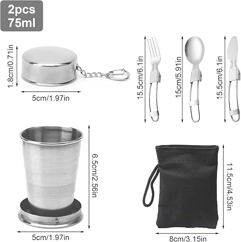 ZMDMAH 2 bicchieri pieghevoli in acciaio inox da 75 ml, pieghevoli, per esterni, in acciaio inox, con coperchio, da campeggio, con posate in acciaio inox (coltello, forchetta, piano di riso) - Ysert