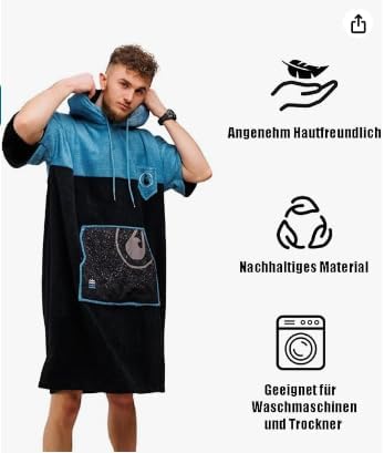 Poncho Uno Surf Poncho 60% Viscosa in Bambù e 40% Cotone per Corpi di 175-205 cm Aiuto Spogliatoio per Nuoto Spiaggia Surf Poncho Doccia per Donna Uomo Adulto, nero/blu, X-Large - Ysert