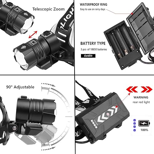 Potente Torcia Frontale, 20000 Lumen Lampade da Testa Super Luminosa XHP90 LED, Messa a Fuoco Regolabile 4 Modalità, USB Ricaricabile Impermeabile Campeggio Faro per Esterno, Escursionismo - Ysert