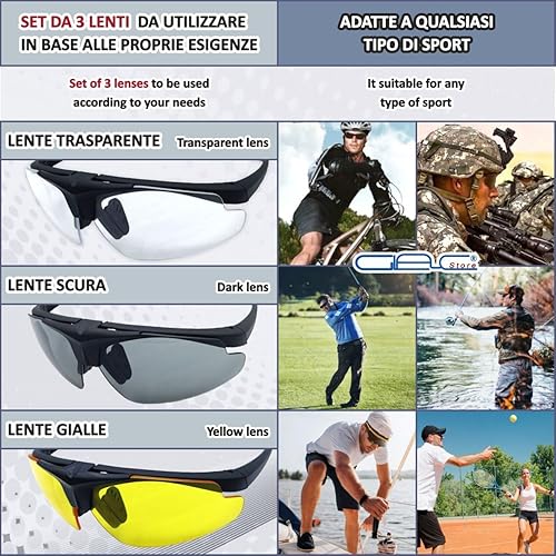 Occhiali Tattici Militari da Tiro, 3 Lenti Intercambiabili, Custodia Semirigida, Panno Pulizia, Tracolla Regolabile, Telaio Miopico - Ysert