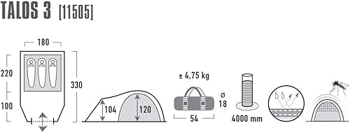 High Peak Talos 3, Tenda Unisex-Adulto, Grigio Scuro/Verde, 330 x 190 x 130/110 cm - Ysert