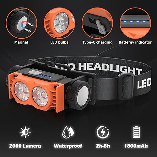 Torcia frontale ricaricabile, confezione da 2 pezzi, super luminosa, 2000 lumen, a LED, 3 modalità di illuminazione, torcia frontale impermeabile per campeggio, corsa, ciclismo, pesca - Ysert