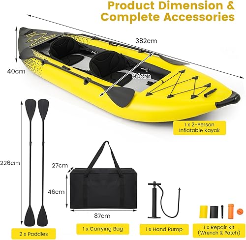 Kayak Gonfiabile 2 Posti in PVC, Canoa Gonfiabile con 2 Pagaie Regolabili, Borsa per il Trasporto, Pompa a Mano e Kit di Riparazione, Gommone Mare per Adulti, 382 x 94 x 40 cm - Ysert
