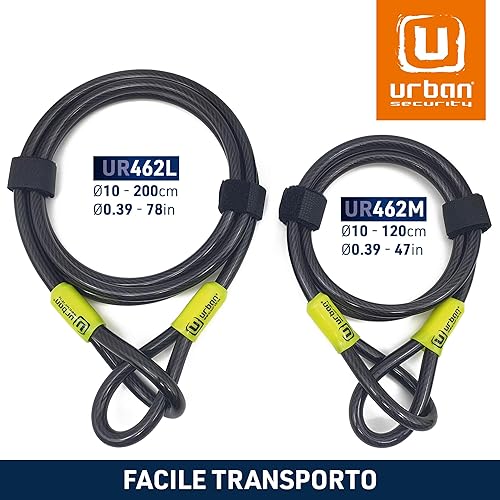 UR462M/UR462L Cavo di Sicurezza per Bici Monopattino in Acciaio Flessibile Ø 10mm 120cm/200cm Antifurto Catena Doppio Anello per Fissare Ruote Sella Bicicletta Multifunzione Universale - Ysert