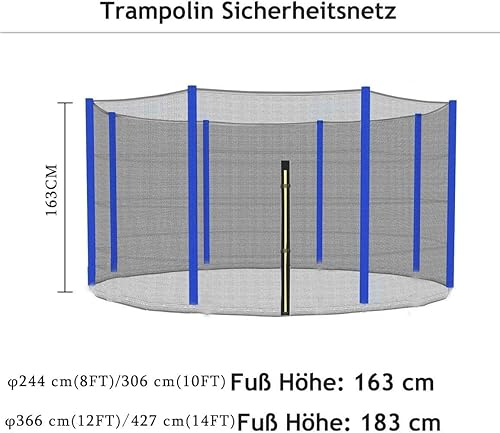 Ø244 cm / 306cm / 366cm / 427cm Rete di Sicurezza del Trampolino per trampolini da Giardino, Rete di Ricambio con Cerniera e Fibbie, Altezza griglia 163 cm / 180 cm - Ysert