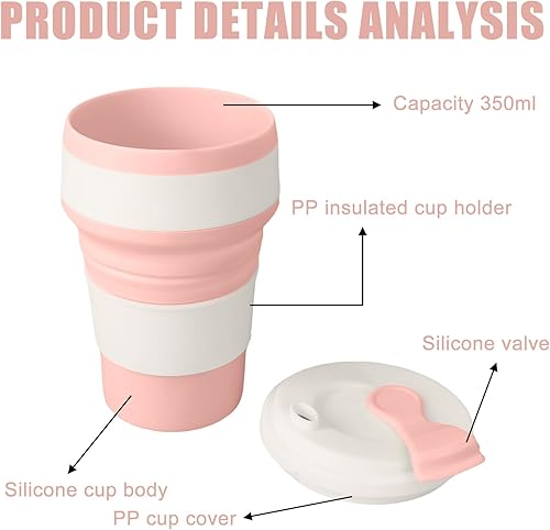 3 tazze pieghevoli in silicone, portatili, 350 ml, in silicone, con coperchio ermetico, pieghevole, senza BPA, per campeggio, escursioni (blu, rosa+verde) - Ysert