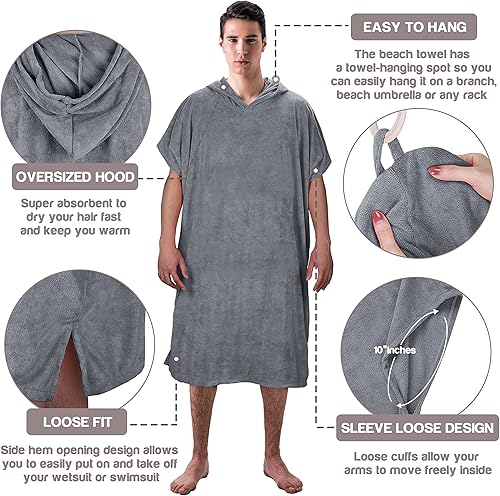 Cappotto da surf ad asciugatura rapida asciugamano accappatoio da spiaggia per uomini e donne adulti impermeabile alla sabbia, adatto per surf, nuoto, bagno, più dimensioni grigie - Ysert