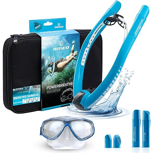 AMEO POWERBREATHER Beach Plus - Boccaglio ad aria fresca - Dispositivo di allenamento per piscina e acque libere per adulti e bambini - Set da snorkeling con sistema a valvola intelligente - Ysert