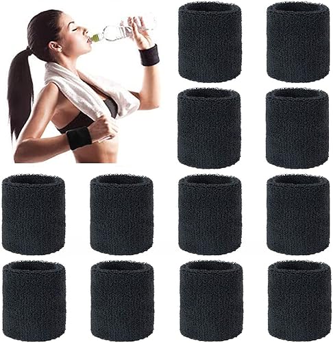 Fascia per il Polso,12 Pezzi Polsini di Sport Assorbisudore Banda da Polso Cotone Polsino per Uomini e Donne per Il Tennis, Pallacanestro, Correre, Palestra (Nero) - Ysert