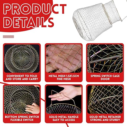 1 pezzo Rete da Pesca con Trappola per Granchi, Cestino Pieghevole per Granchi, Rete da Pesca Pieghevole in Metallo, Design pieghevole, può contenere più pesci, diametro: 30cm, altezza: 39cm - Ysert