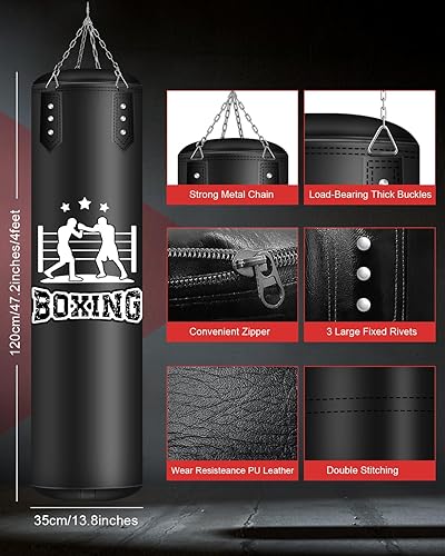 Sacco da Boxe per Adulti Appendere, Non Riempiti Sacchi da Boxe 120cm per Kickboxing Muay Thai Karate Judo Taekwondo MMA Punching Bag - Ysert