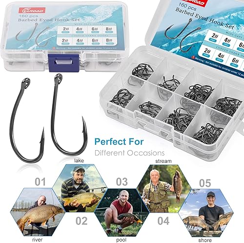 Set di Ganci da Pesca alla Carpa, 160 pezzi con Gambo Curvo/Ampio Gape per Carpa, Accessori da Pesca in Teflon con Gancio in Plastica, Dimensioni 2, 4, 6, 8, 10 - Ysert