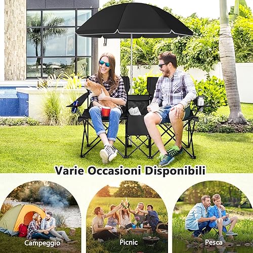 COSTWAY Set di 2 Sedie da Campeggio Pieghevoli, con Ombrellone e Tavolino Contenitore, Resistente e Leggero, Capacità 113 kg (blu) - Ysert
