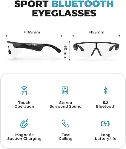 ROCKBROS Occhiali Intelligenti Bluetooth Bici, Occhiali da Sole con Apparecchi Acustici con Lenti Fotocromatiche Smart Glasses UV400 Open Ear Uomo Donna, per Bicicletta Corsa Guidare, Nero - Ysert