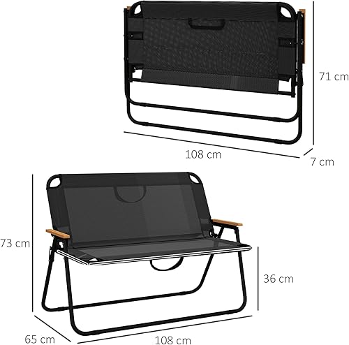 Outsunny Sedia da Campeggio Doppia 2 Posti, Divanetto Pieghevole in Acciaio e Tessuto Oxford Traspirante, 108x65x73 cm, Nero - Ysert