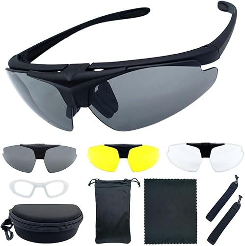 Occhiali Tattici Militari da Tiro, 3 Lenti Intercambiabili, Custodia Semirigida, Panno Pulizia, Tracolla Regolabile, Telaio Miopico - Ysert