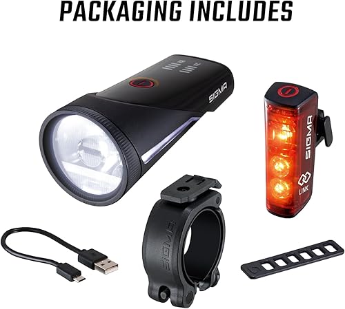 SIGMA Aura 100/Blaze Link kit di luci per bicicletta (montaggio a vite) | Innovativa funzione frizione 100 lux LED luce anteriore per bicicletta | Luce posteriore con funzione di luce freno - Ysert
