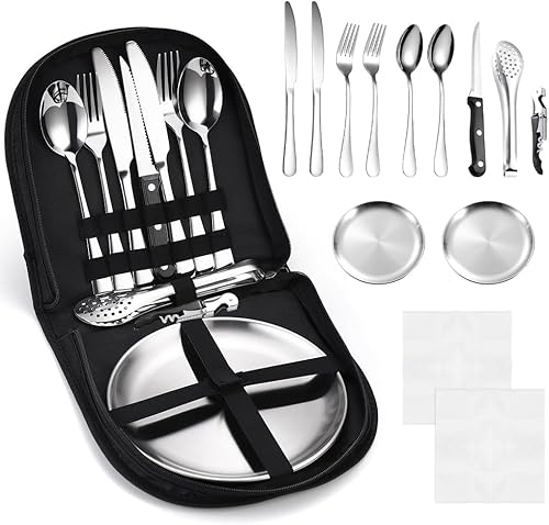 Set di Posate da Campeggio 13 pezzi, Borsa per Utensili da Campeggio in Acciaio inossidabile con Cucchiaio Posate Pinza Apribottiglie Piatto da Campeggio in Acciaio Inox kit Posate da Viaggio - Ysert