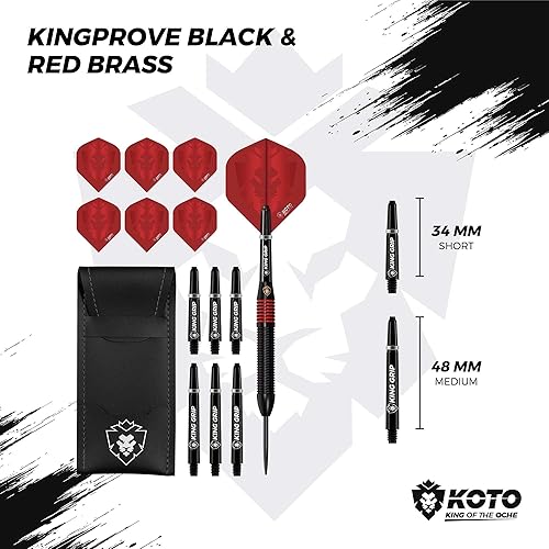 KOTO - Freccette Kingprove Nero & Rosso in Ottone 22 G, 3 Barili, Alette + Aste & Portafoglio per Freccette - Ysert